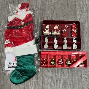 Bella Casa, Cypress Christmas Wine Markers, Small Knives, Mrs. Claus Bottle Set